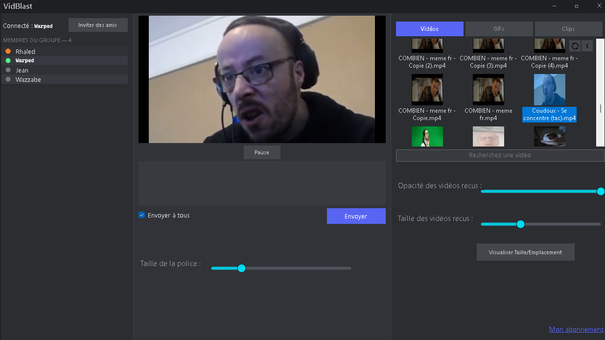 Interface VidBlast : liste des membres, bibliothèque de vidéos et GIFs, réglages d'opacité et de taille